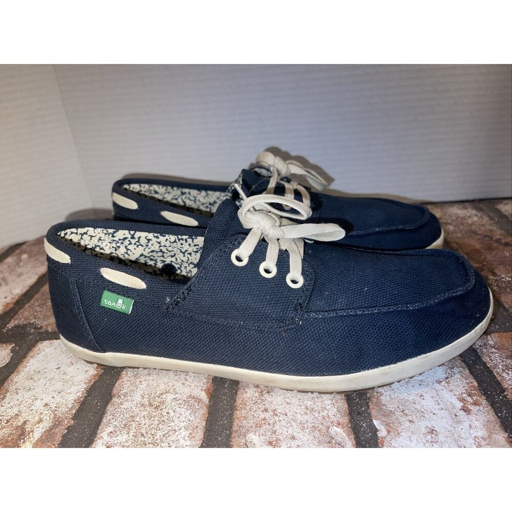 Sanuk Boat Shoes - Mens 7 - Casa Barco Lace Up Comfort Flats Blue Canvas Casual